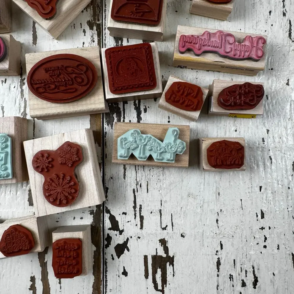 Wooden Rubber Stamps Bundle Lot of 23 Holiday and Birthday Seasonal Stamping